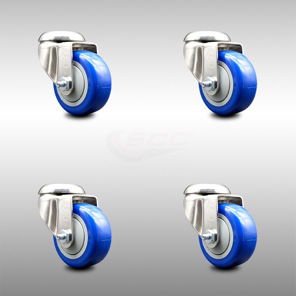 3 Inch 316SS Blue Polyurethane Wheel Swivel Bolt Hole Caster Set